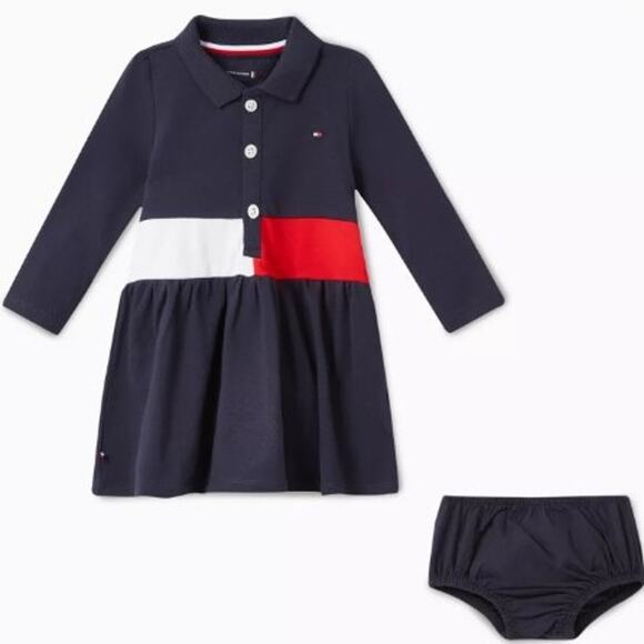 Tommy Hilfiger Colour Blocked Cotton Blend Polo Dress Navy Blue/Red/White 0-3M